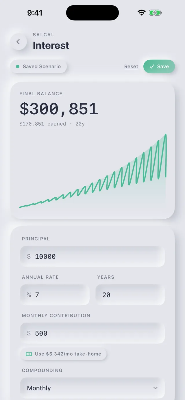 Interest screen: a $300,851 final balance over twenty years with a compounding growth curve.